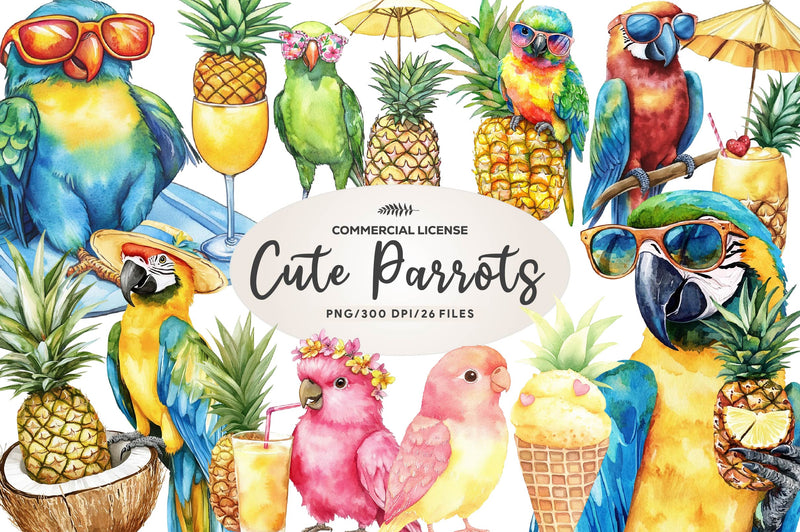 Cute Parrots & Pineapples Summer Clipart Bundle - CraftNest - Digital Crafting and Art