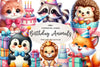 Cute Animals Birthday Water Color Clipart Bundle