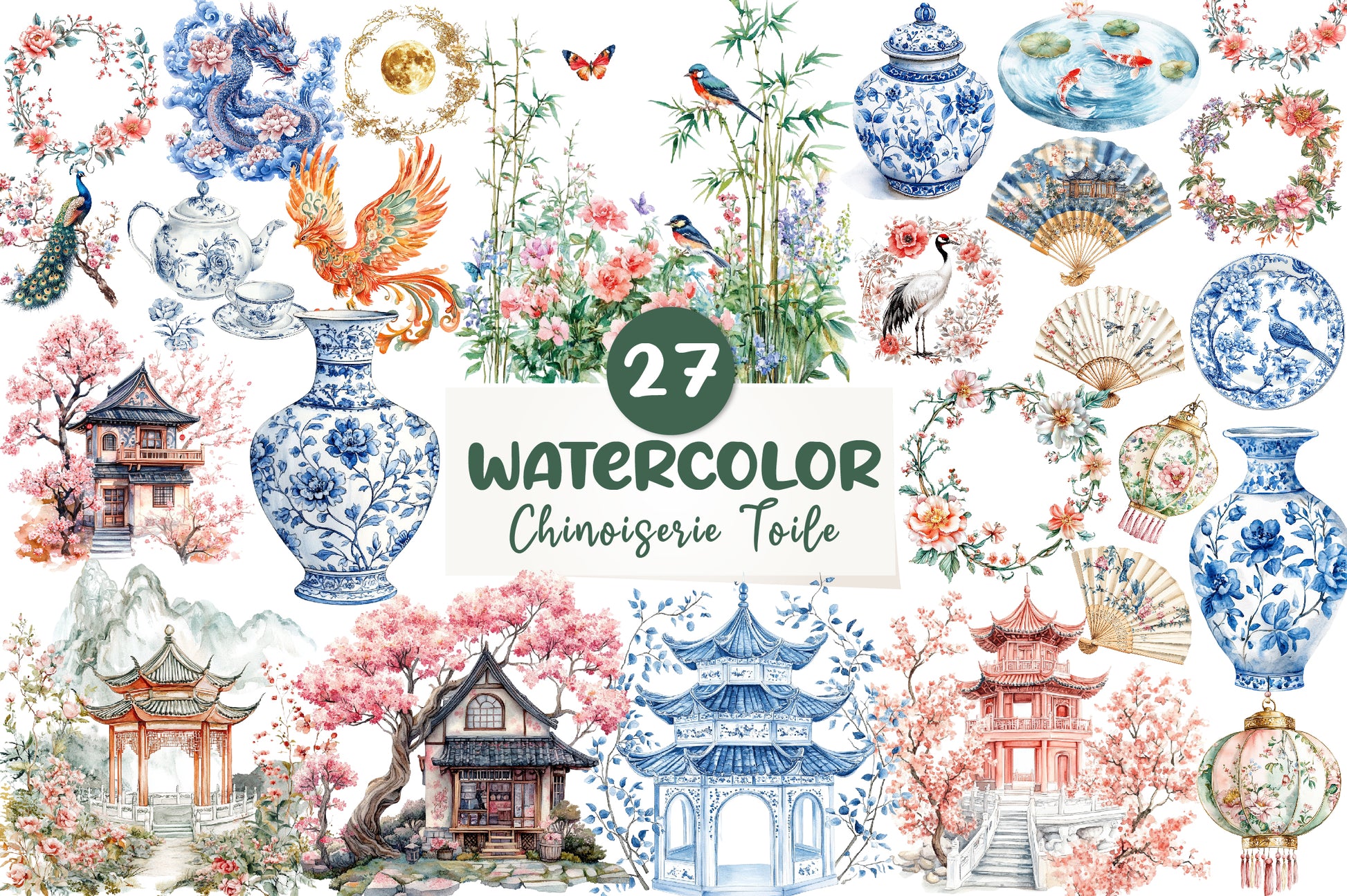 Chinoiserie Toile De Jouy Clipart Bundle - CraftNest - Digital Crafting and Art
