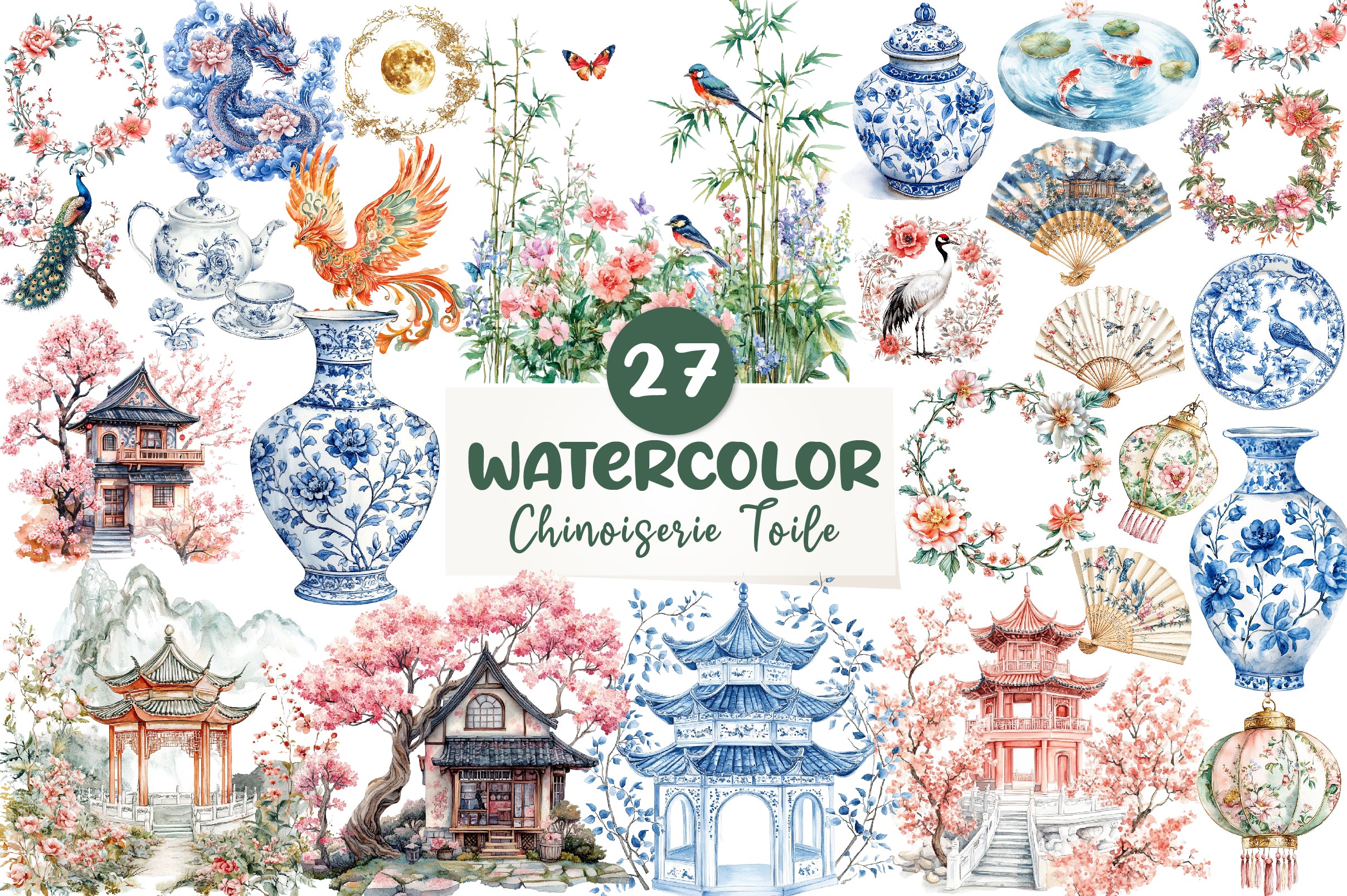 Chinoiserie Toile De Jouy Clipart Bundle - CraftNest - Digital Crafting and Art