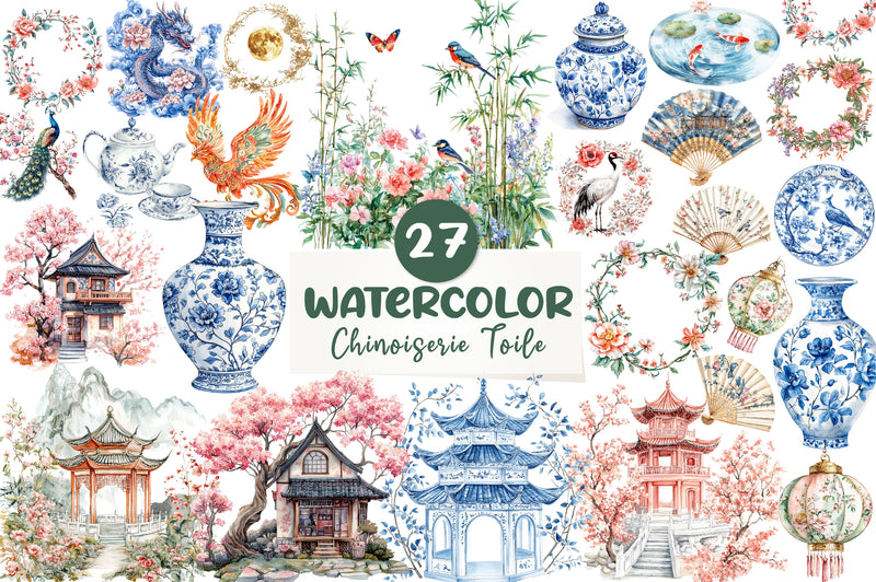Chinoiserie Toile De Jouy Clipart Bundle - CraftNest - Digital Crafting and Art