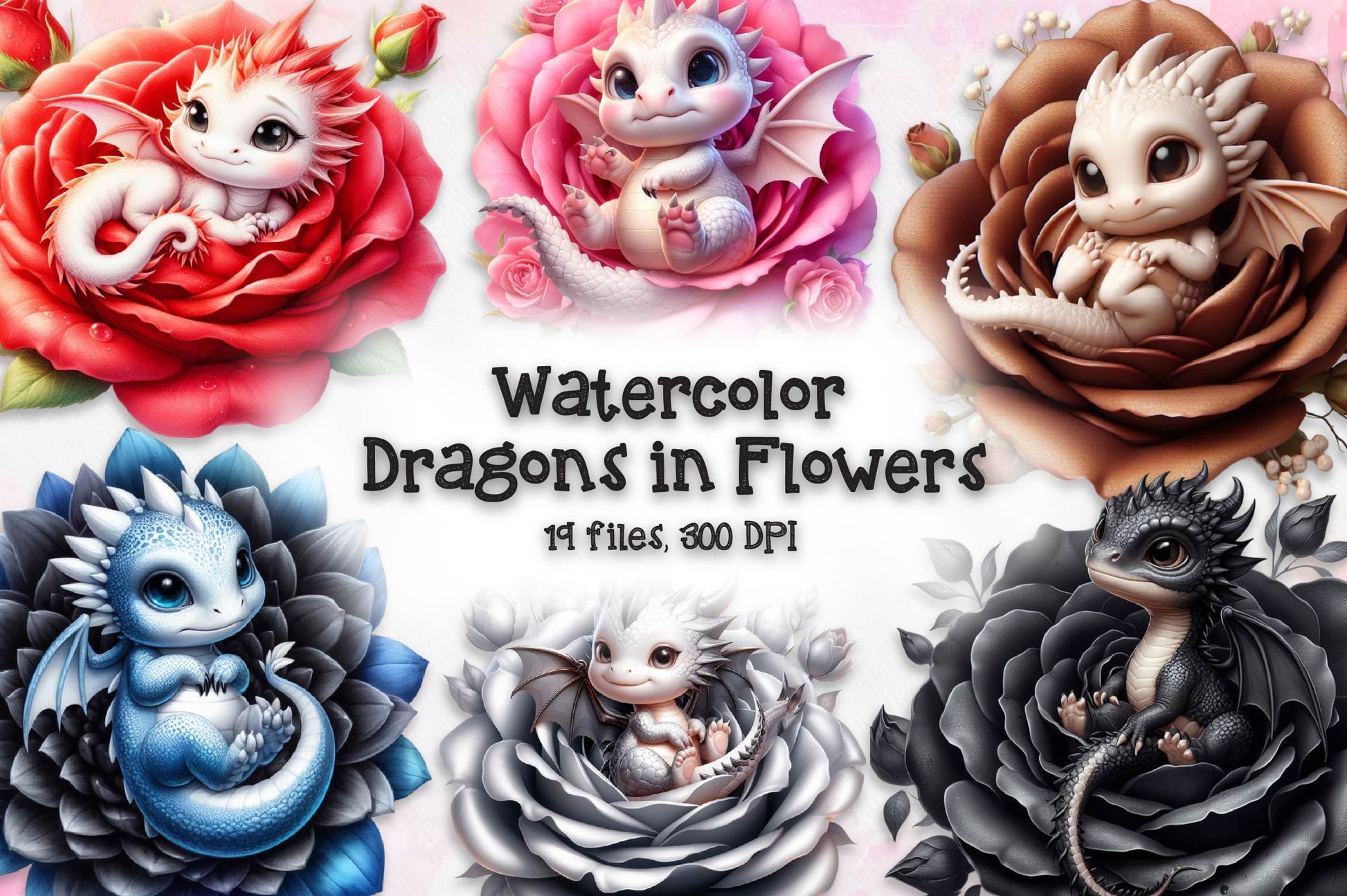 Baby Dragons In Flowers Clipart Bundle - CraftNest - Digital Crafting and Art