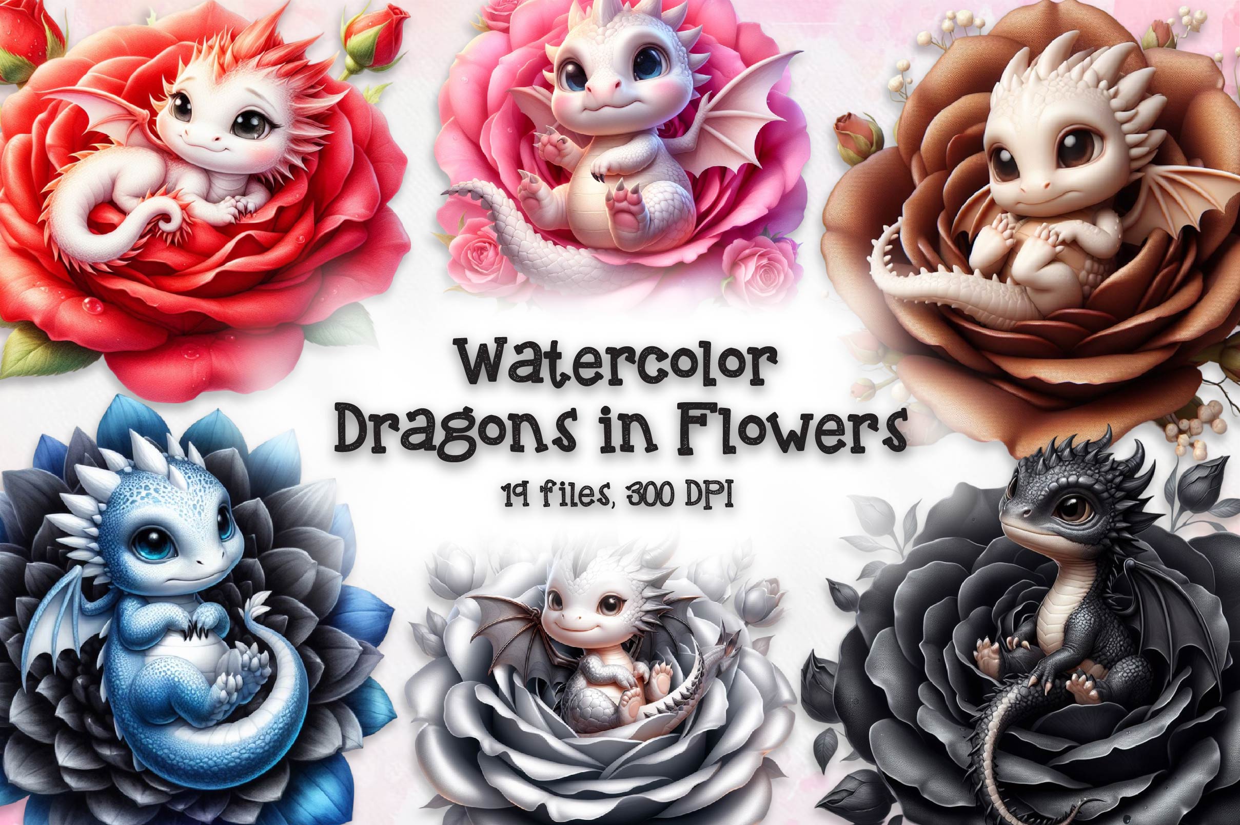 Baby Dragons In Flowers Clipart Bundle - CraftNest - Digital Crafting and Art