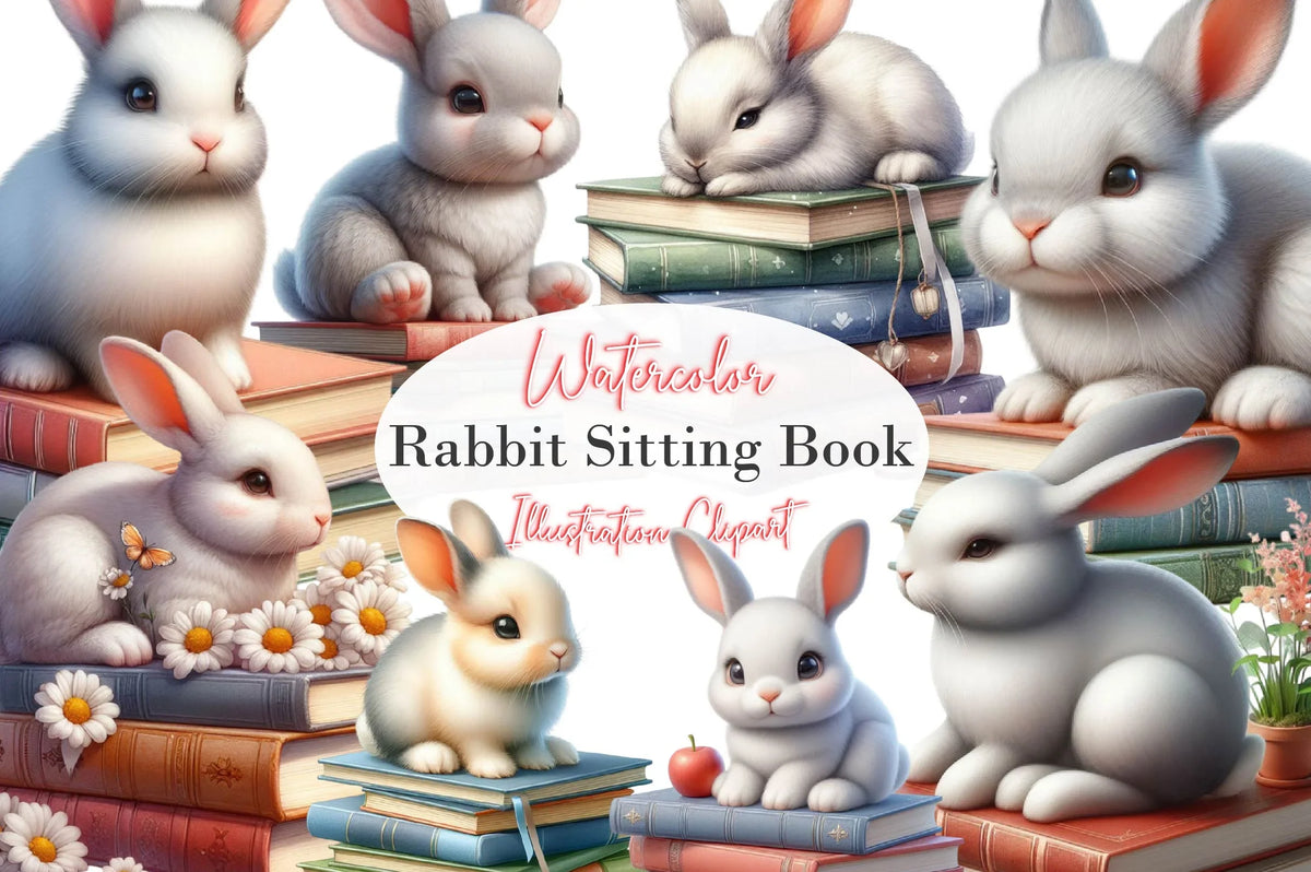 Studious Rabbit Rabbit Sitting Book Clipart Bundle