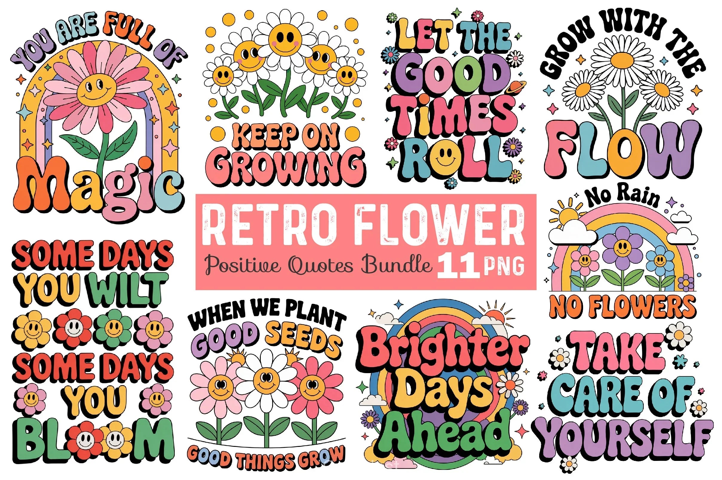 Positive Quotes Retro Flower Clipart Bundle - CraftNest - Digital Crafting and Art