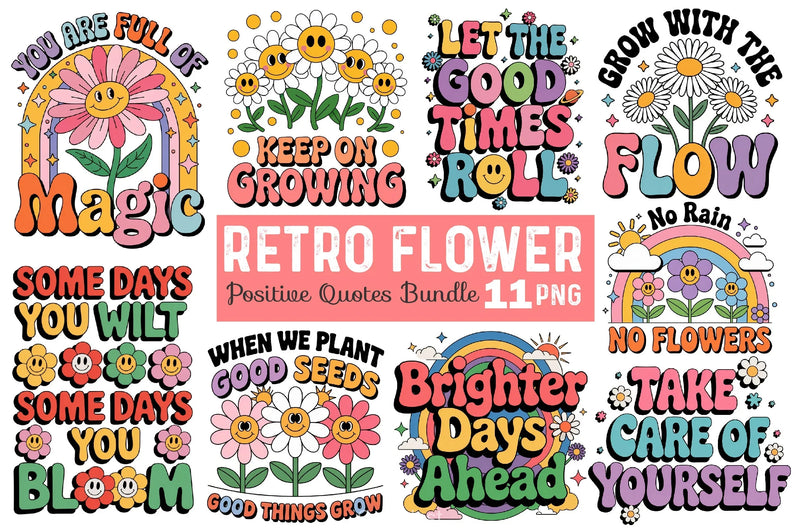 Positive Quotes Retro Flower Clipart Bundle - CraftNest - Digital Crafting and Art