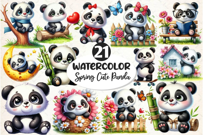 Spring Cute Panda Clipart Bundle