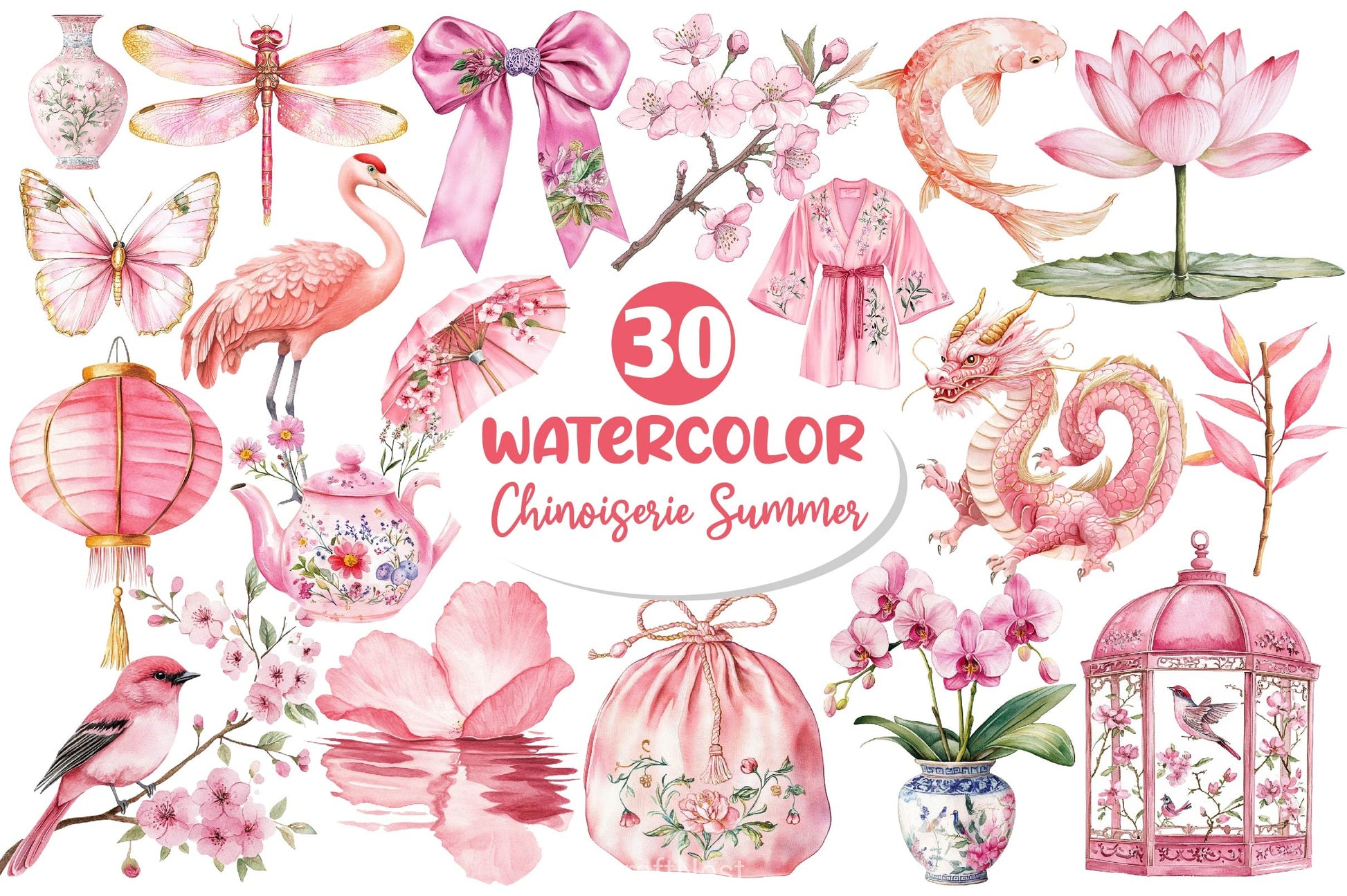 Pink Chinoiserie Summer Clipart Bundle 2 - CraftNest - Digital Crafting and Art
