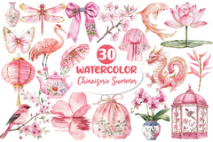 Pink Chinoiserie Summer Clipart Bundle 2 - CraftNest - Digital Crafting and Art