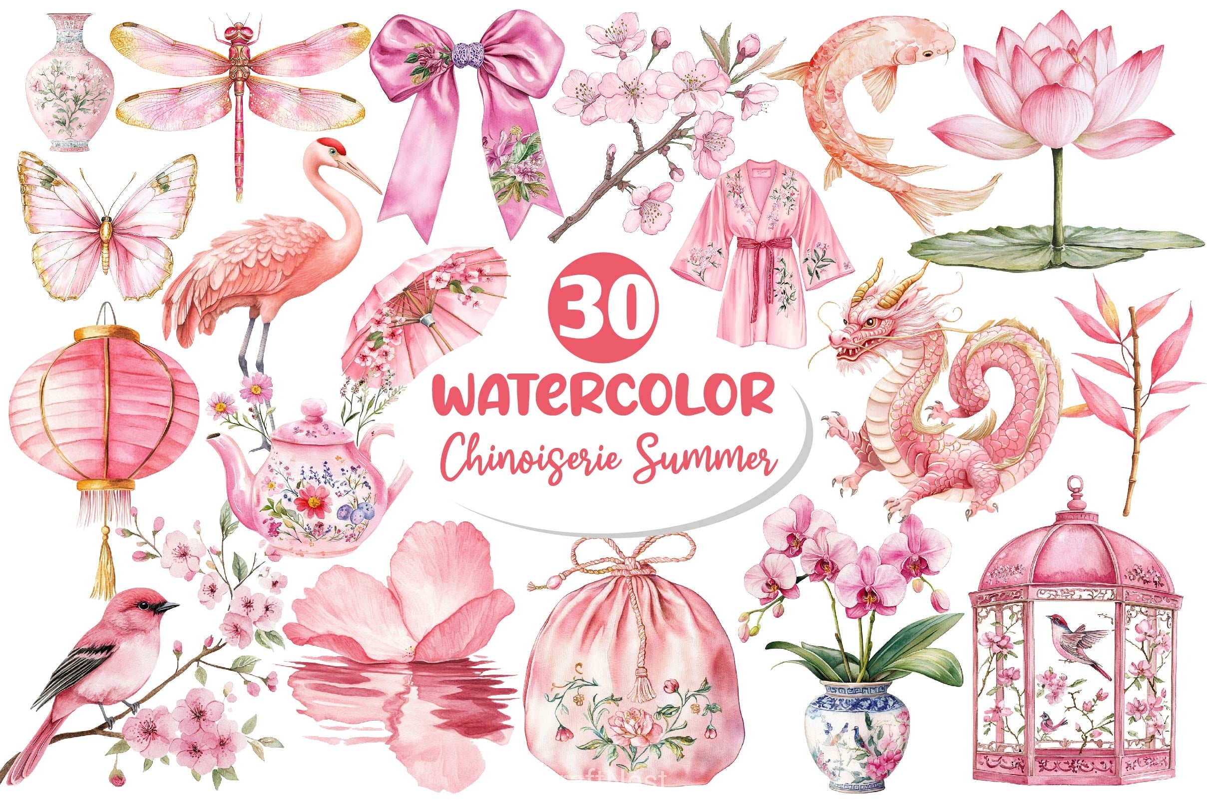Pink Chinoiserie Summer Clipart Bundle 2 - CraftNest - Digital Crafting and Art