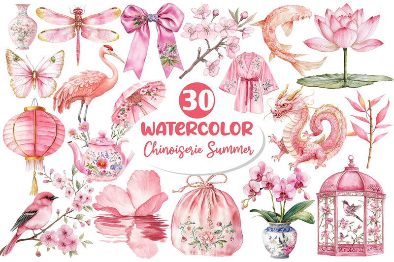 Pink Chinoiserie Summer Clipart Bundle 2 - CraftNest - Digital Crafting and Art