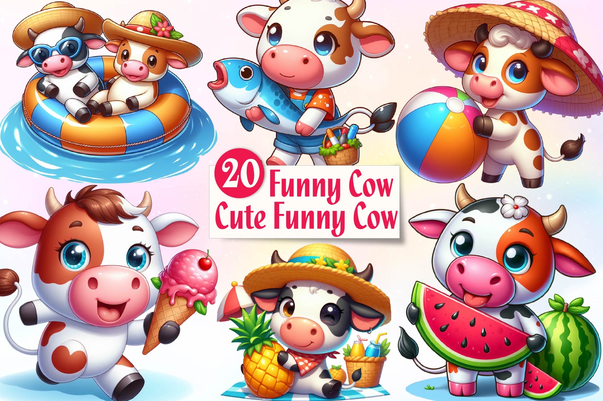 Funny Cow In Pool Party Clipart Bundle - CraftNest - Digital Crafting and Art