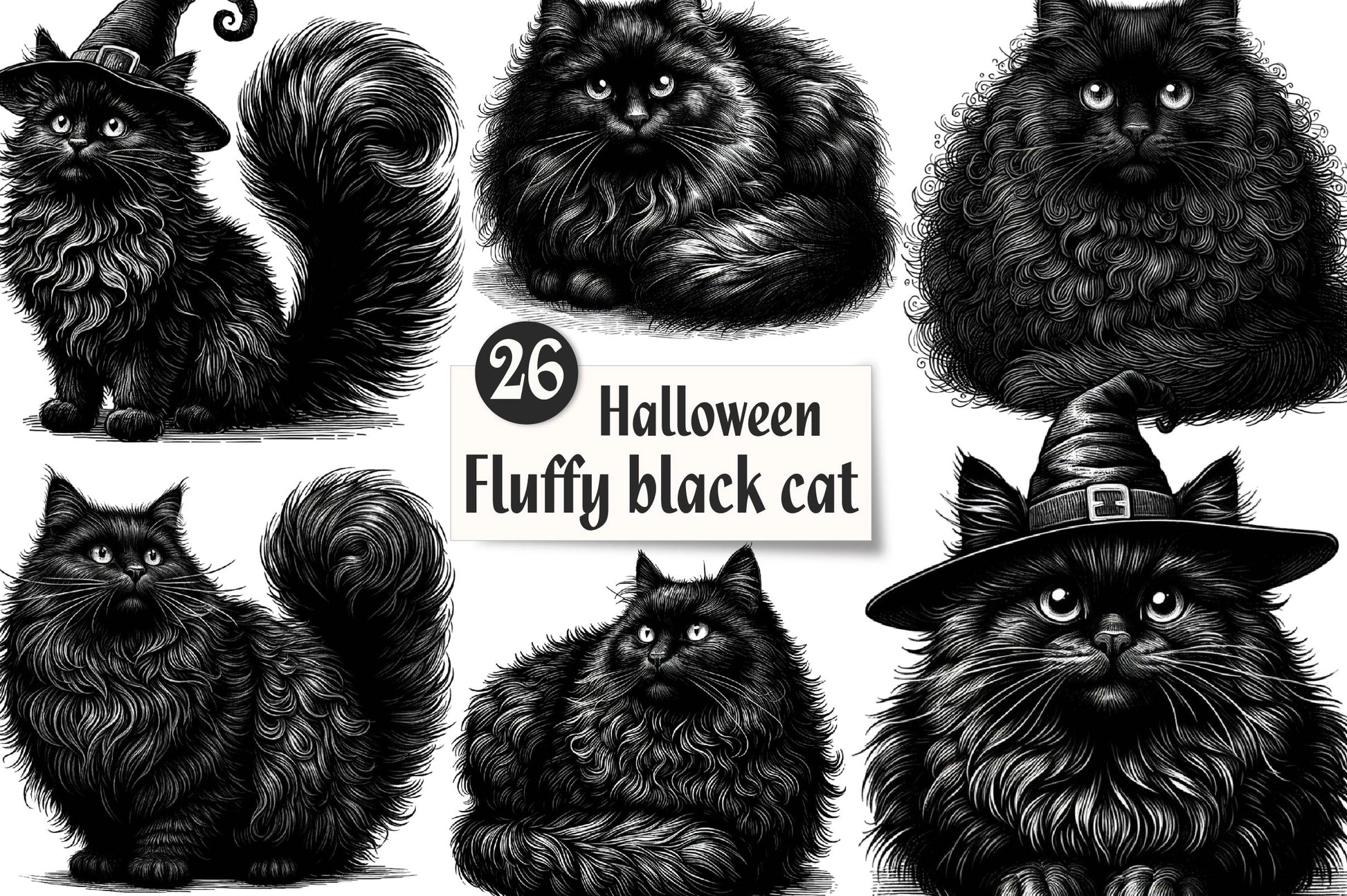 Halloween Fluffy Black Cat Clipart Bundle - CraftNest - Digital Crafting and Art