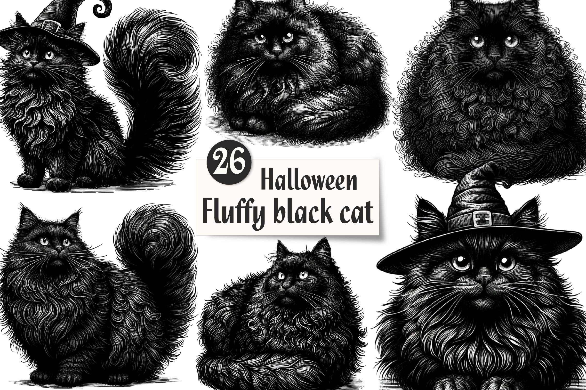 Halloween Fluffy Black Cat Clipart Bundle - CraftNest - Digital Crafting and Art