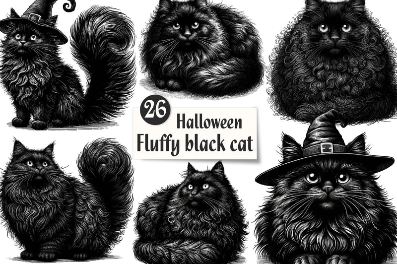 Halloween Fluffy Black Cat Clipart Bundle - CraftNest - Digital Crafting and Art