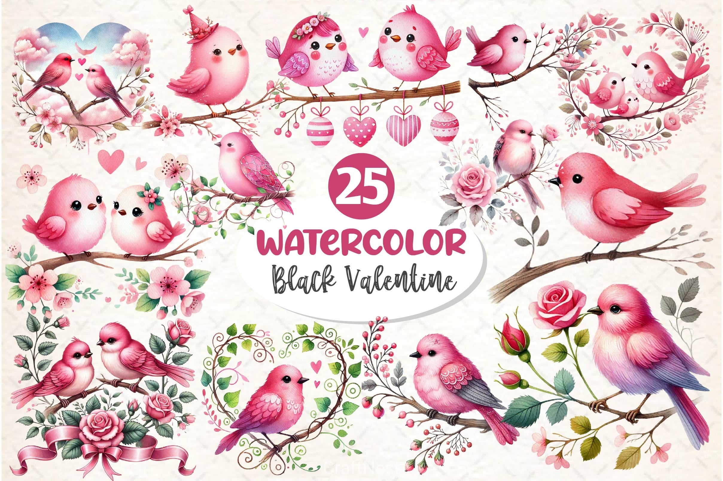 Pink Valentine Birds Clipart Bundle - CraftNest - Digital Crafting and Art