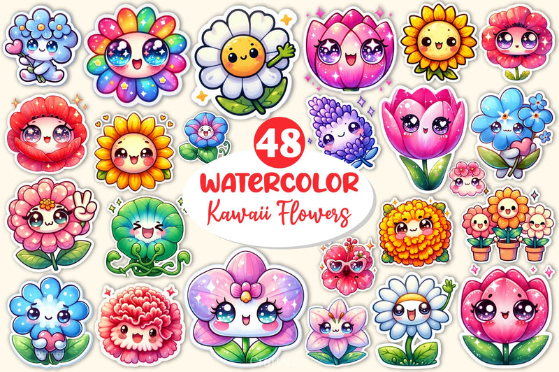Kawaii Flowers Stickers Sticker Clipart Bundle - CraftNest - Digital Crafting and Art