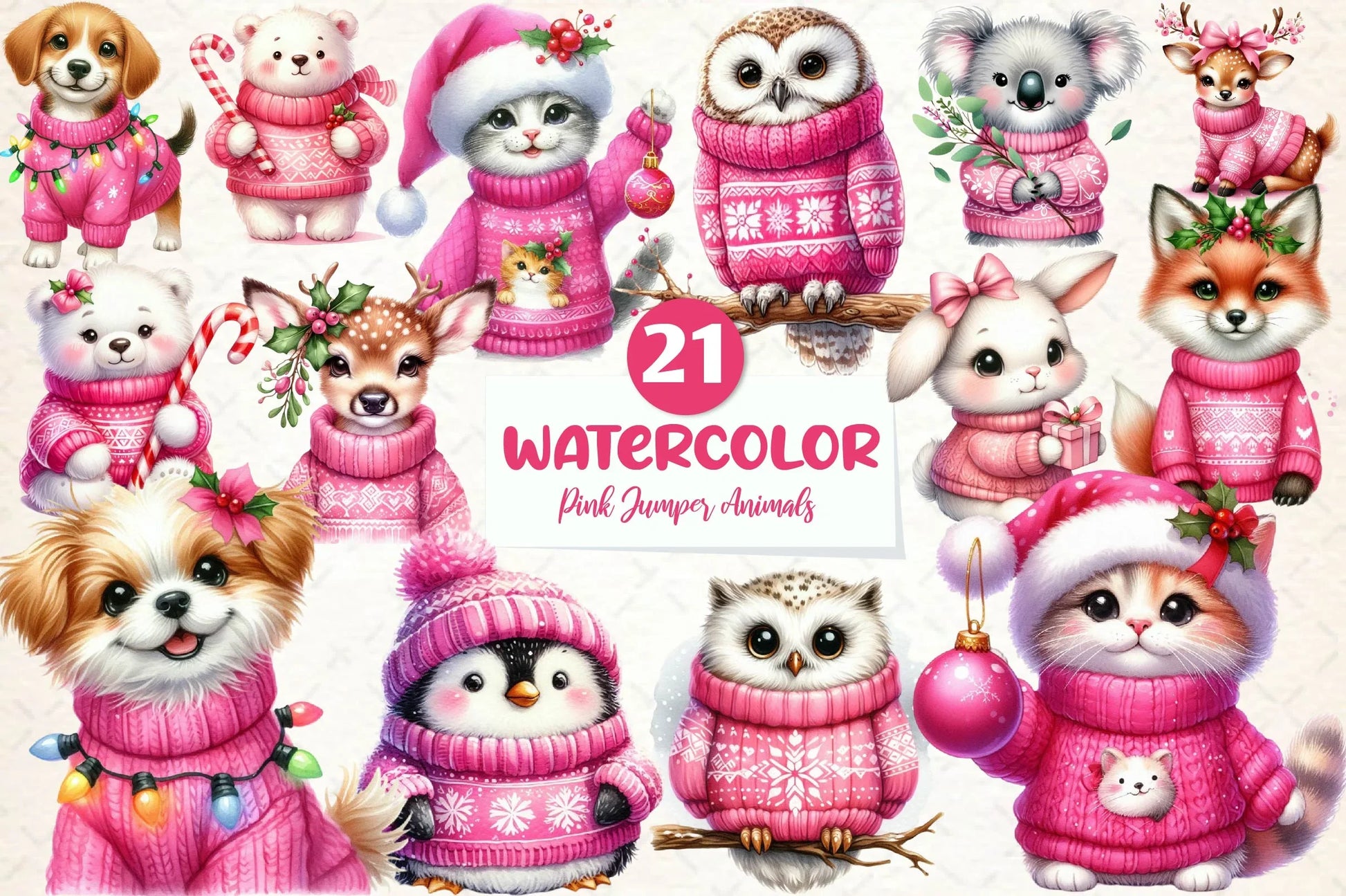 Pink Jumper Animals Christmas Clipart Bundle - CraftNest - Digital Crafting and Art