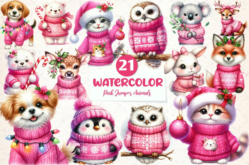 Pink Jumper Animals Christmas Clipart Bundle - CraftNest - Digital Crafting and Art