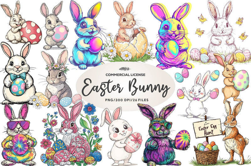 Retro Easter Bunny With Eggs Clipart Bundle - CraftNest - Digital Crafting and Art