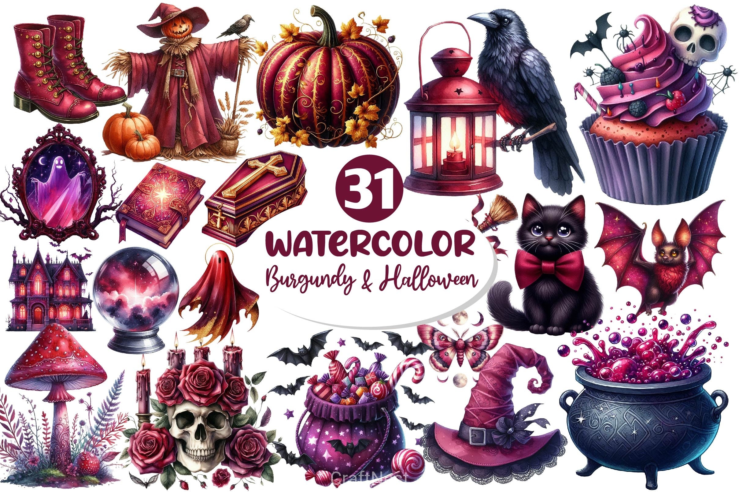 Burgundy & Halloween Clipart Bundle 89 - CraftNest - Digital Crafting and Art