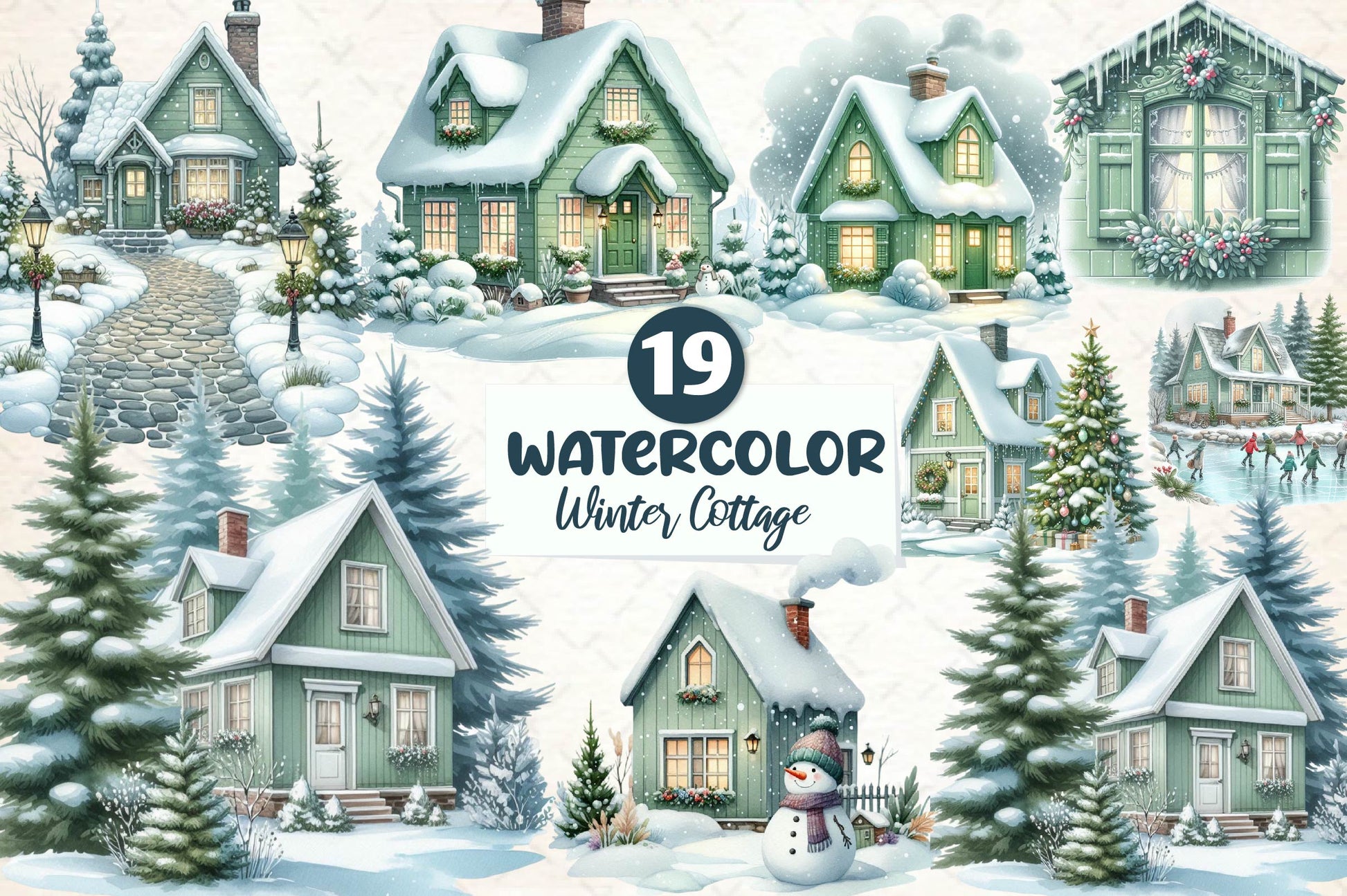 Sage Green Winter Cottage Clipart Bundle - CraftNest - Digital Crafting and Art