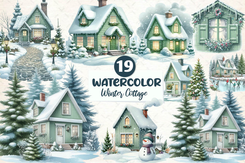 Sage Green Winter Cottage Clipart Bundle - CraftNest - Digital Crafting and Art