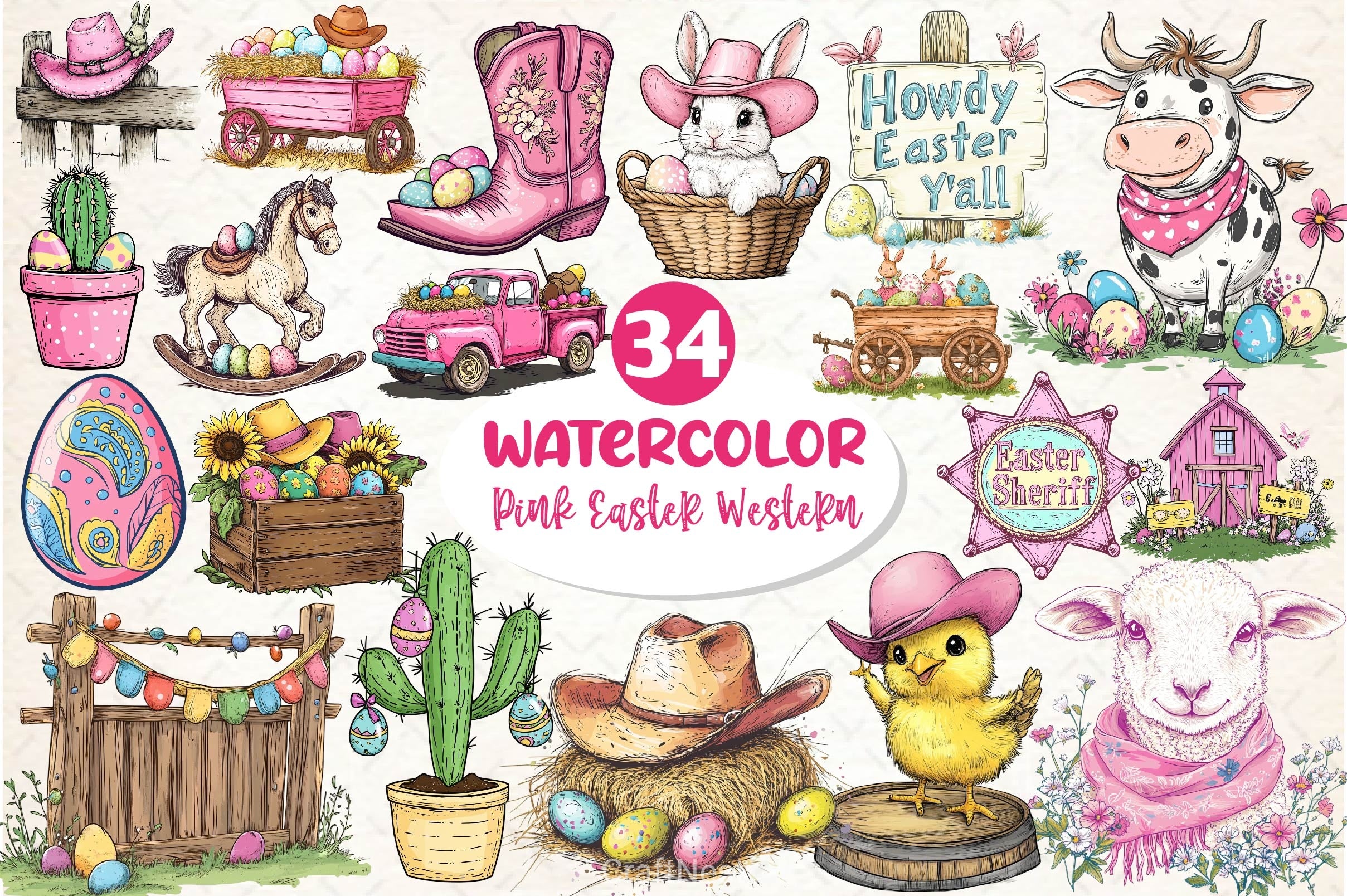 Vintage Pink Easter Western Clipart Bundle 2 - CraftNest - Digital Crafting and Art