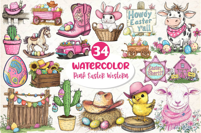 Vintage Pink Easter Western Clipart Bundle 2 - CraftNest - Digital Crafting and Art