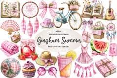 Bohemian Pink Gingham Summer Clipart Bundle - CraftNest - Digital Crafting and Art