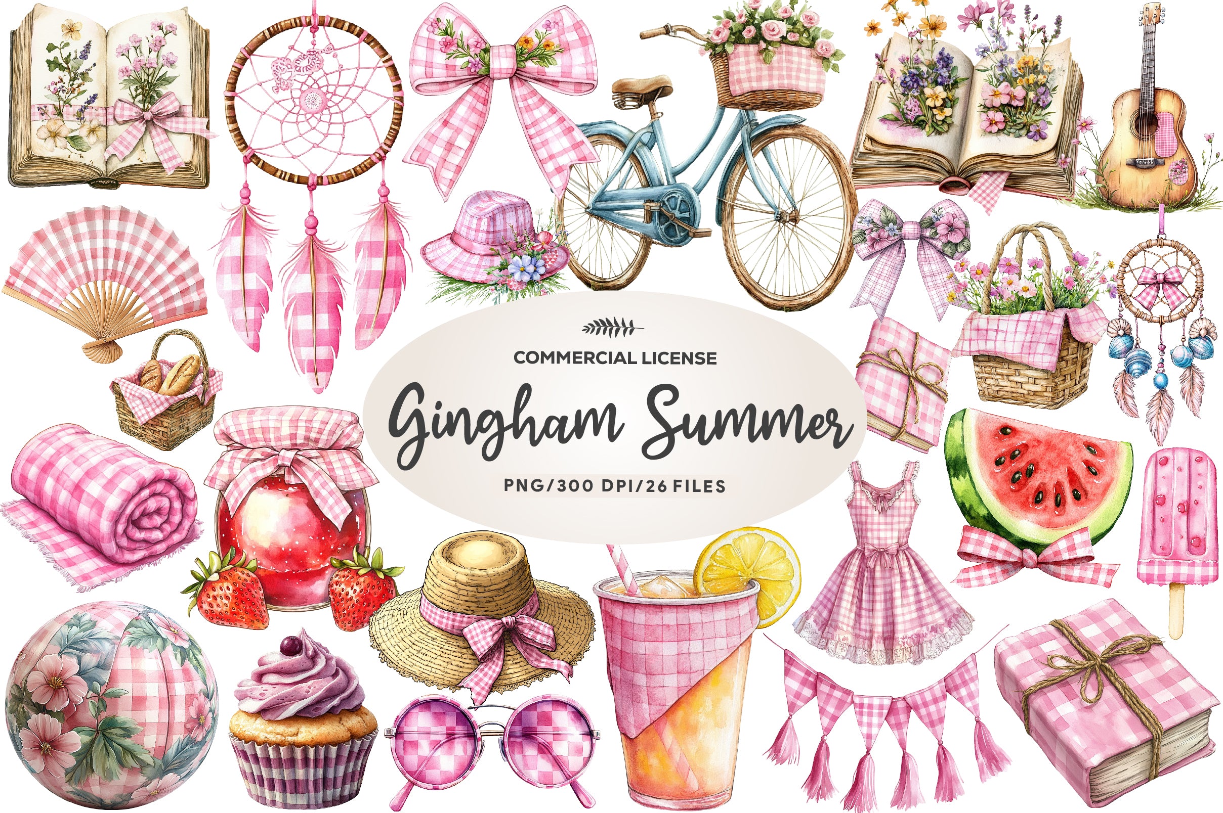 Bohemian Pink Gingham Summer Clipart Bundle - CraftNest - Digital Crafting and Art