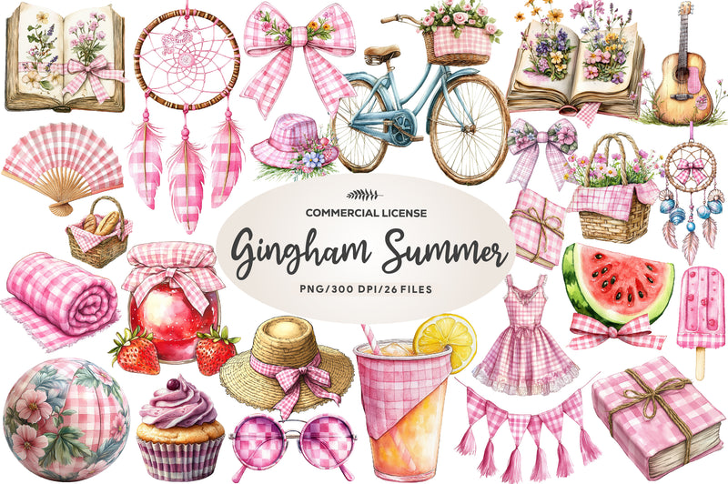 Bohemian Pink Gingham Summer Clipart Bundle - CraftNest - Digital Crafting and Art