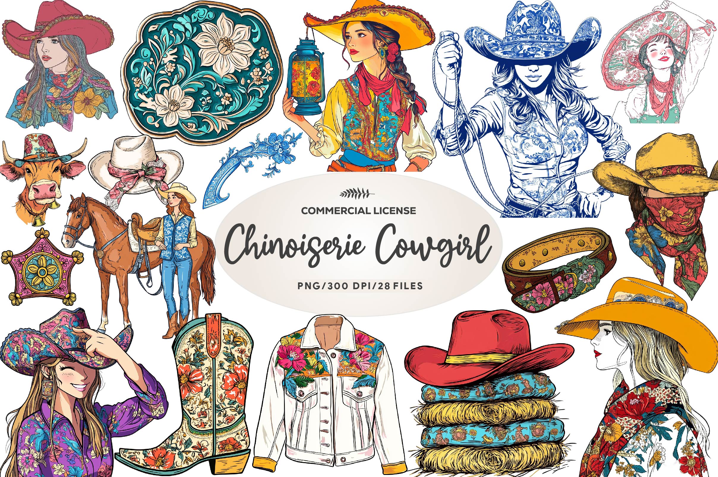 Cute Chinoiserie Cowgirl Clipart Bundle - CraftNest - Digital Crafting and Art
