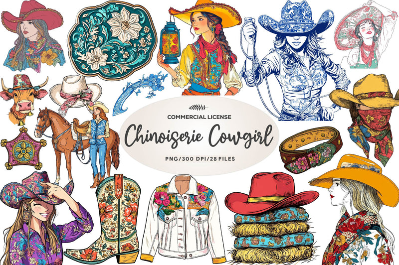 Cute Chinoiserie Cowgirl Clipart Bundle - CraftNest - Digital Crafting and Art