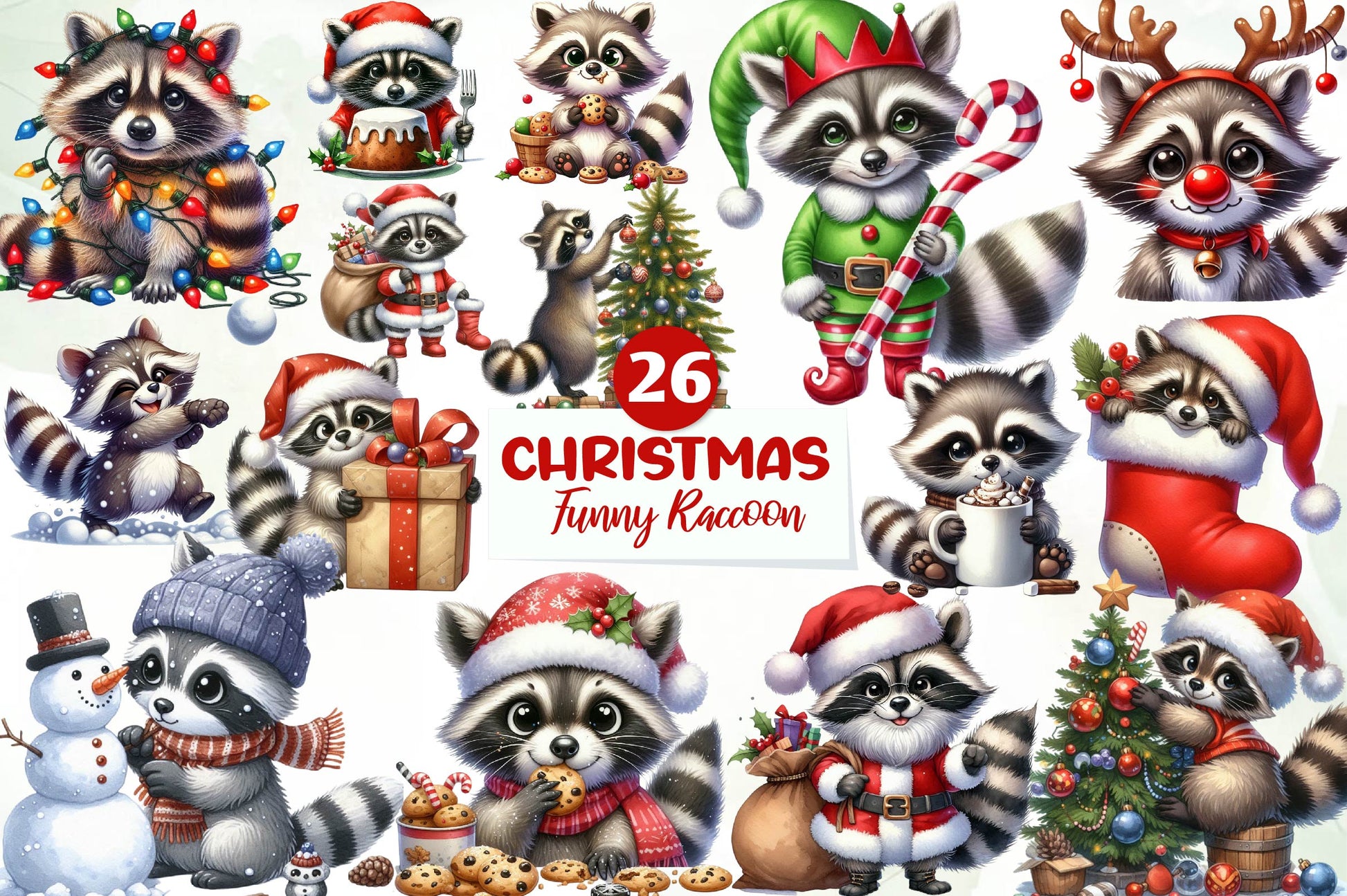 Funny Christmas Raccoon Clipart Bundle - CraftNest - Digital Crafting and Art