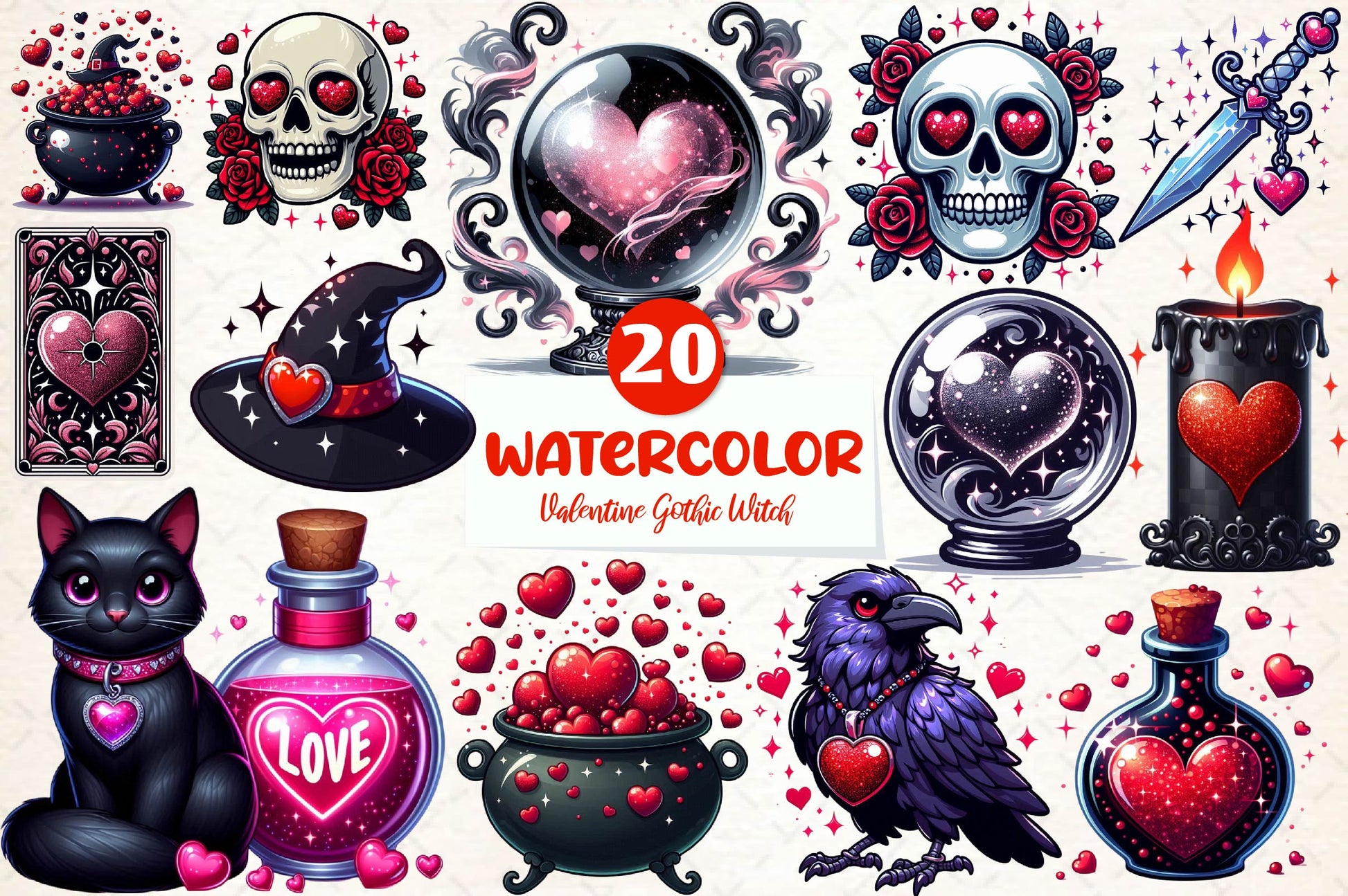 Valentine Gothic Witch Clipart Bundle 1 - CraftNest - Digital Crafting and Art