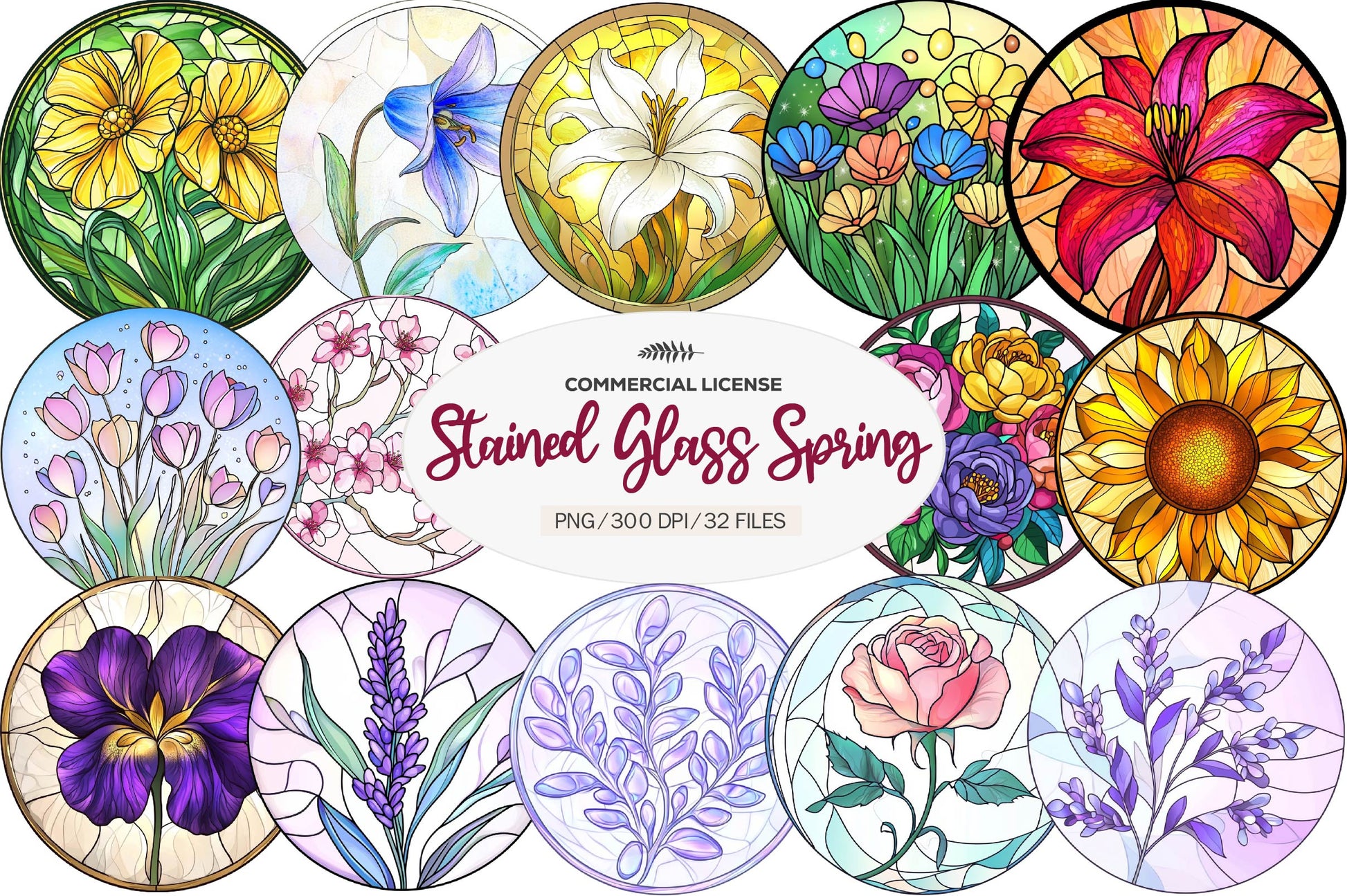 Round Stained Glass Spring Little Flower Clipart Bundle - CraftNest - Digital Crafting and Art
