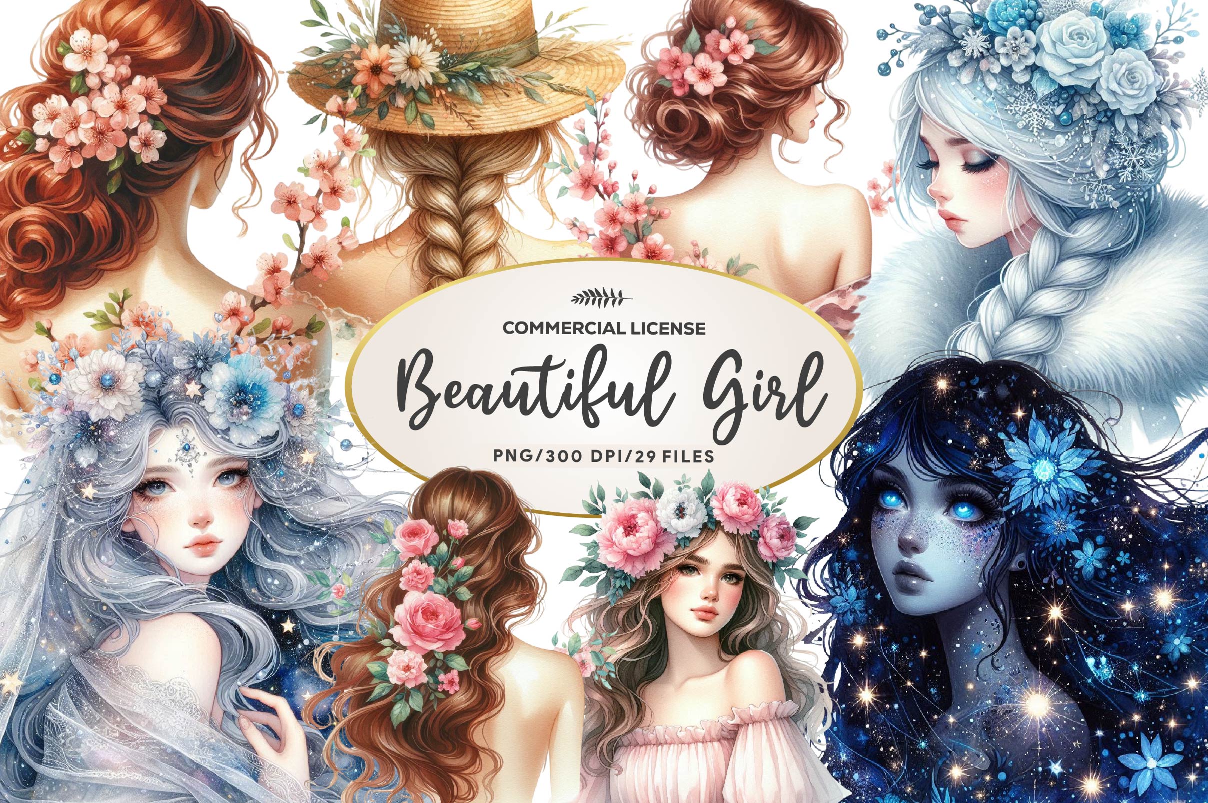 Beautiful Girl Back View With Flowers Clipart Bundle - CraftNest - Digital Crafting and Art