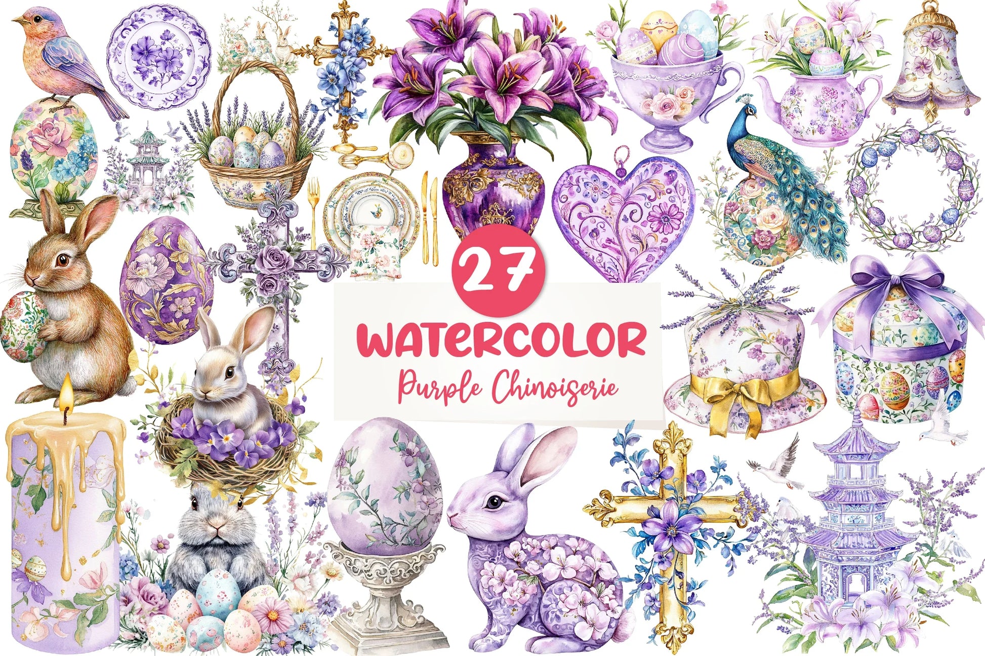 Purple Chinoiserie Easter Clipart Bundle - CraftNest - Digital Crafting and Art