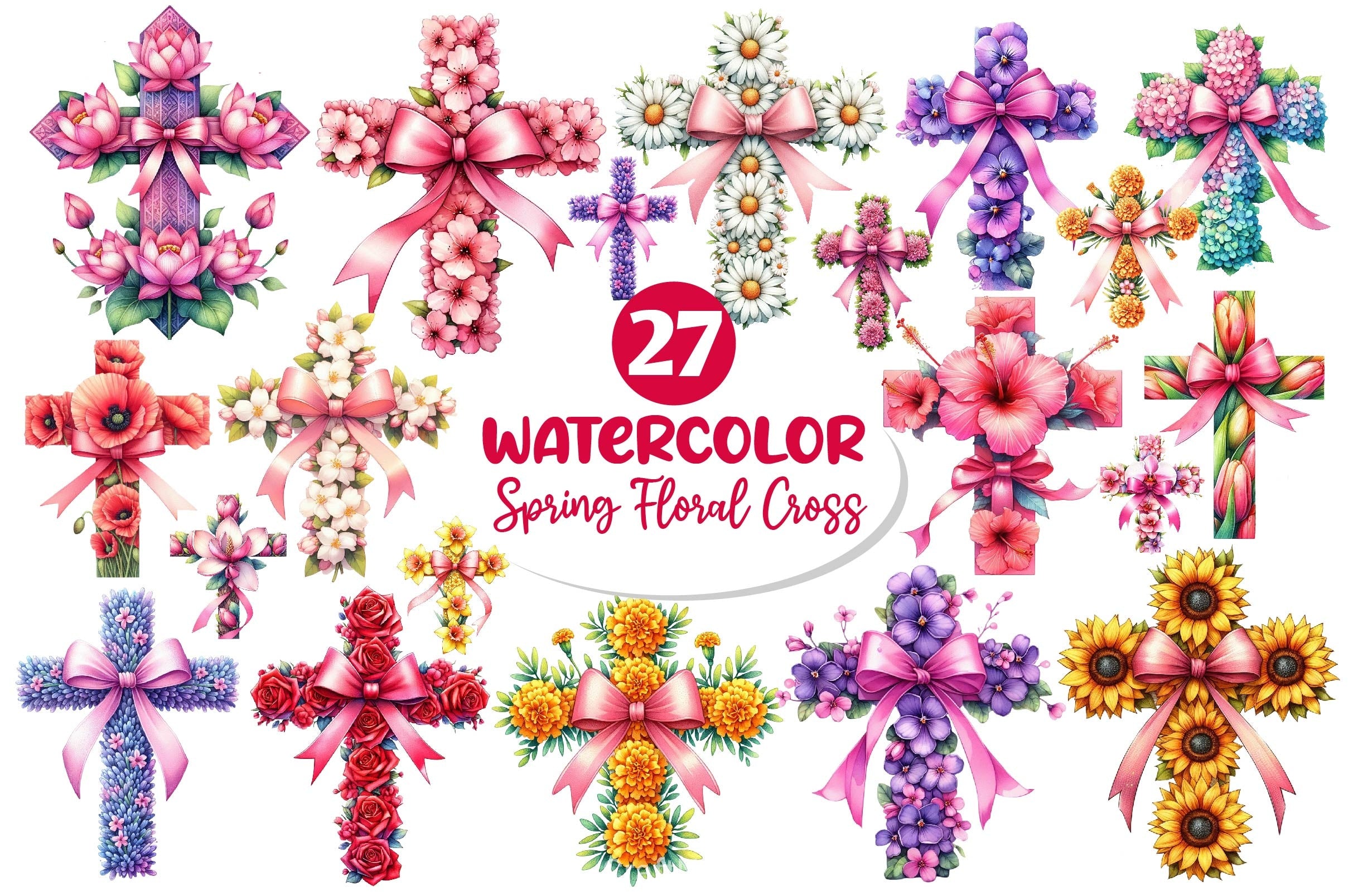 Spring Floral Cross Coquette Bow Clipart Bundle 2 - CraftNest - Digital Crafting and Art