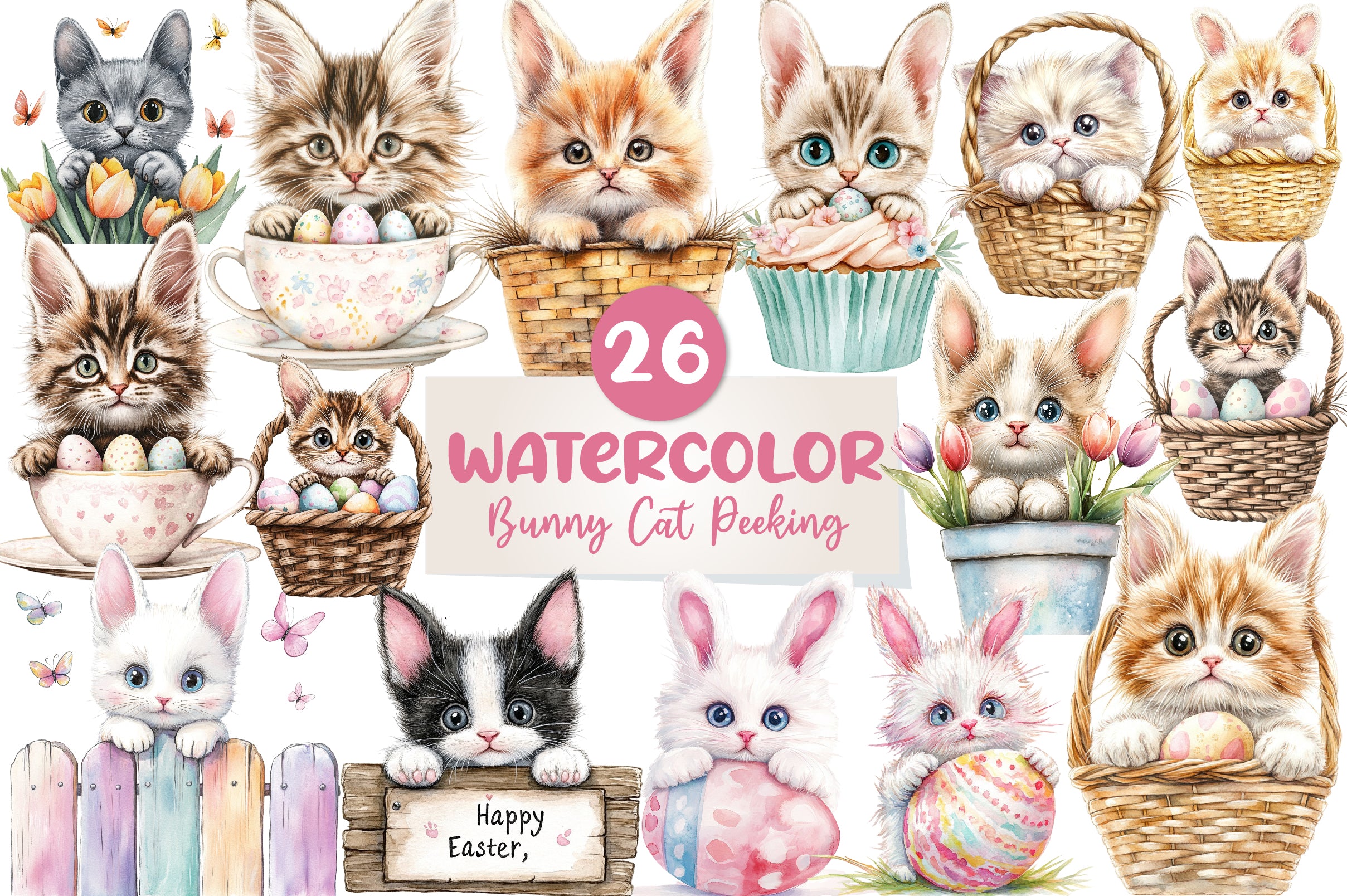 Easter Bunny Cat Peeking Clipart Bundle - CraftNest - Digital Crafting and Art