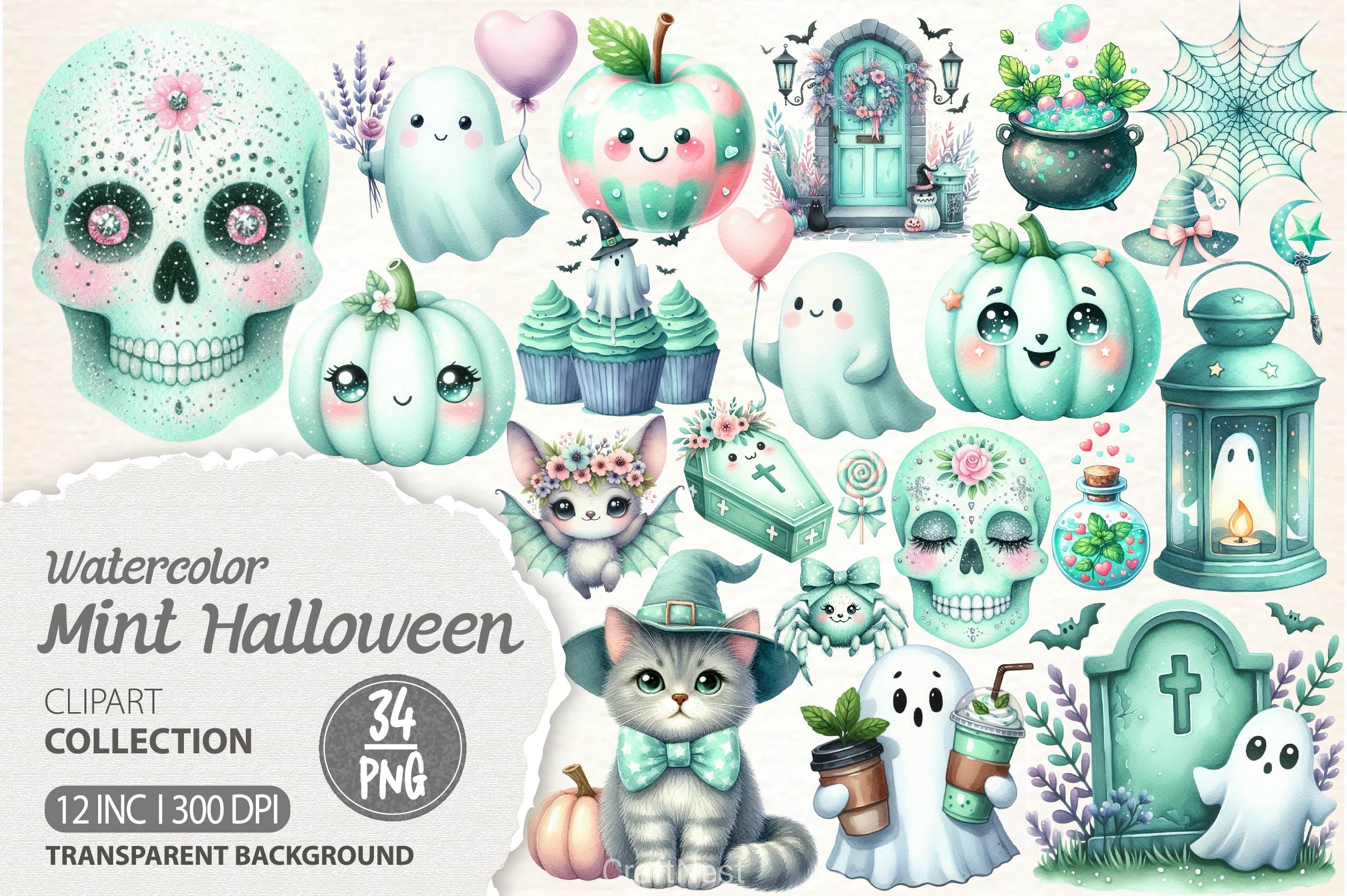 Pastel Mint Halloween Clipart Bundle - CraftNest - Digital Crafting and Art