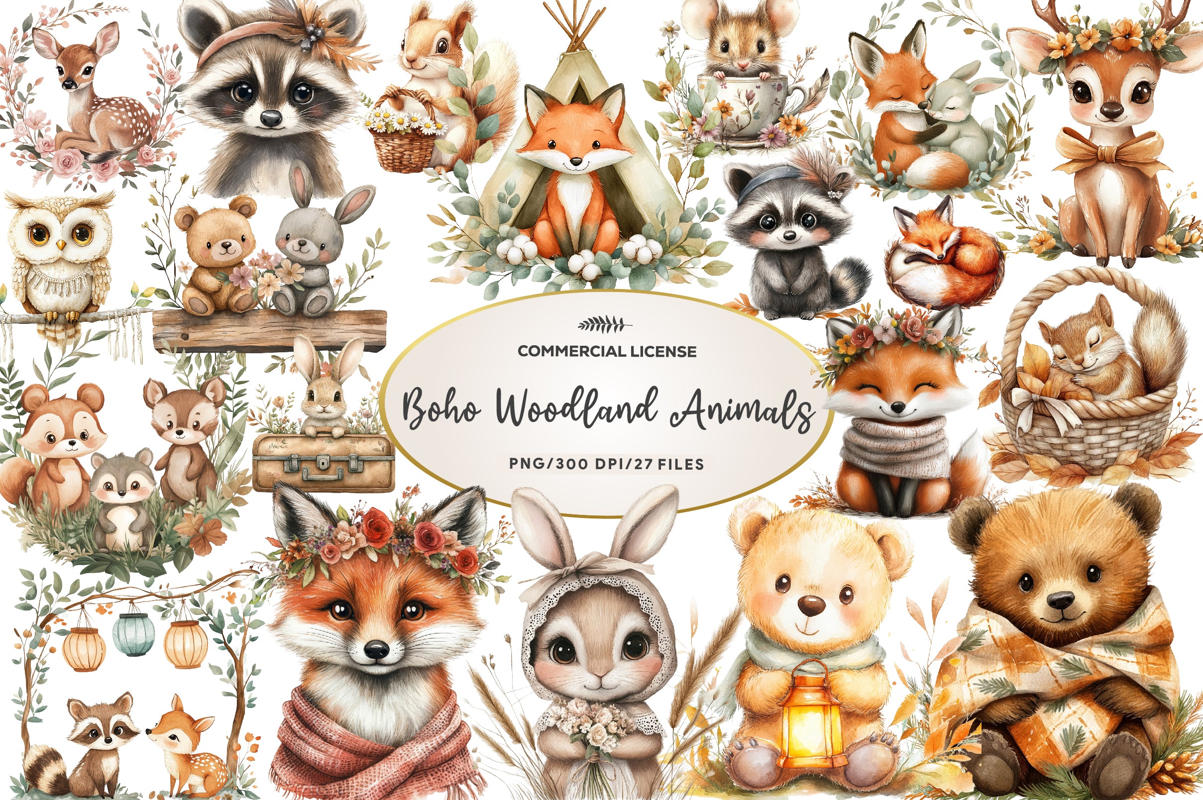 Boho Woodland Animals Cute Animals Clipart Bundle - CraftNest - Digital Crafting and Art