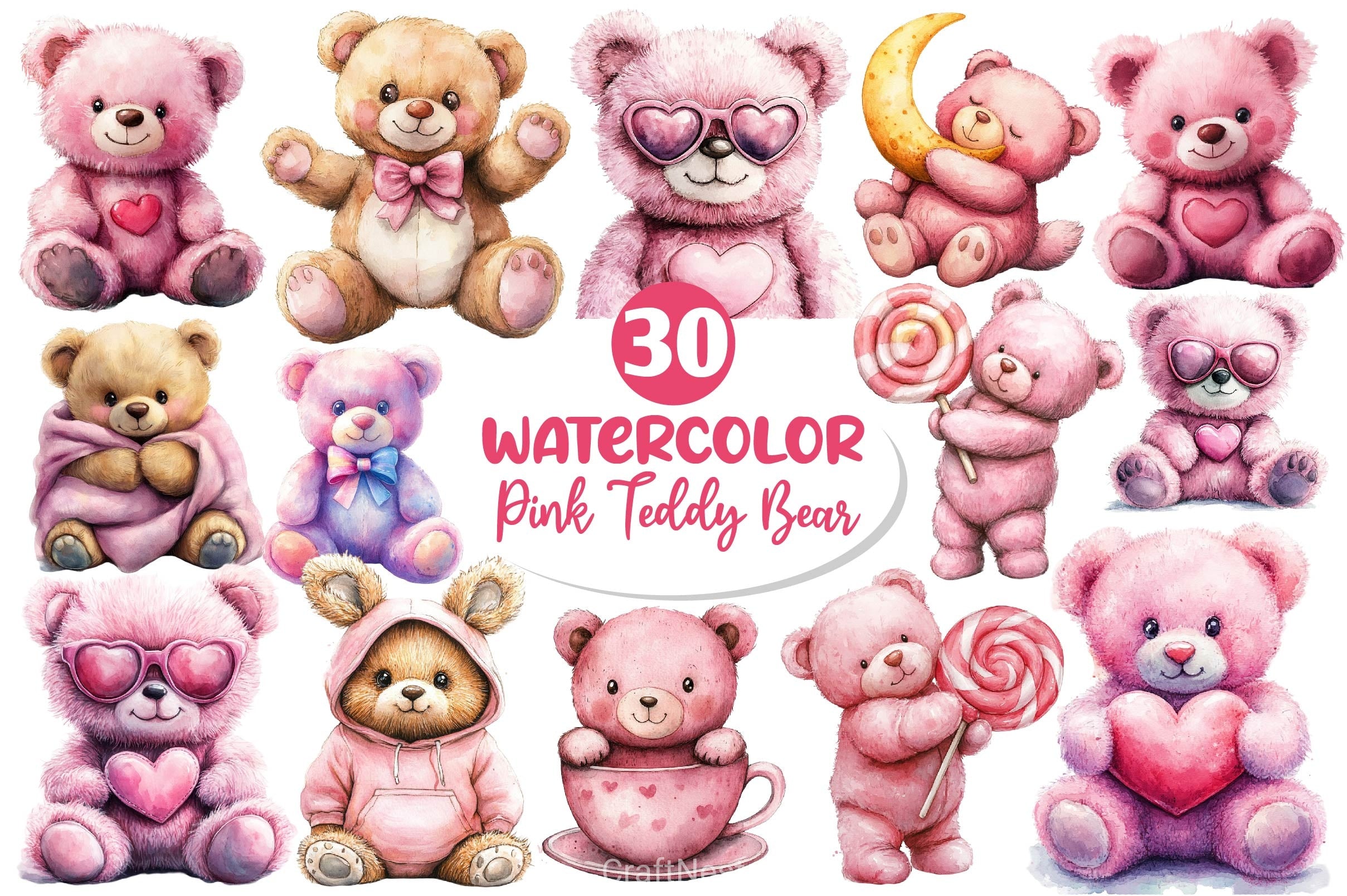 Pink Cute Blush Teddy Bear Clipart Bundle 4 - CraftNest - Digital Crafting and Art