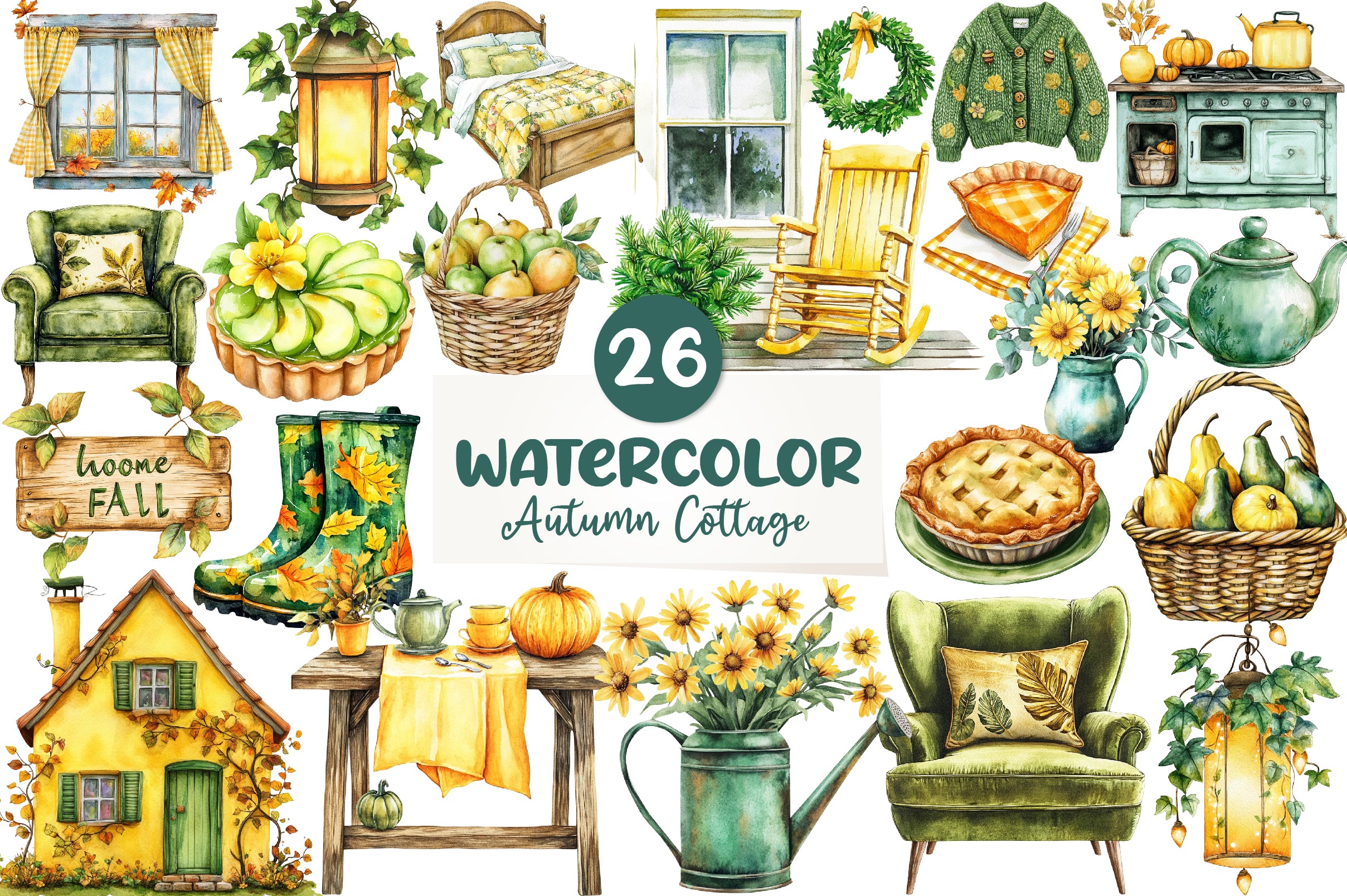 Yellow & Green Autumn Cottage Clipart Bundle - CraftNest - Digital Crafting and Art
