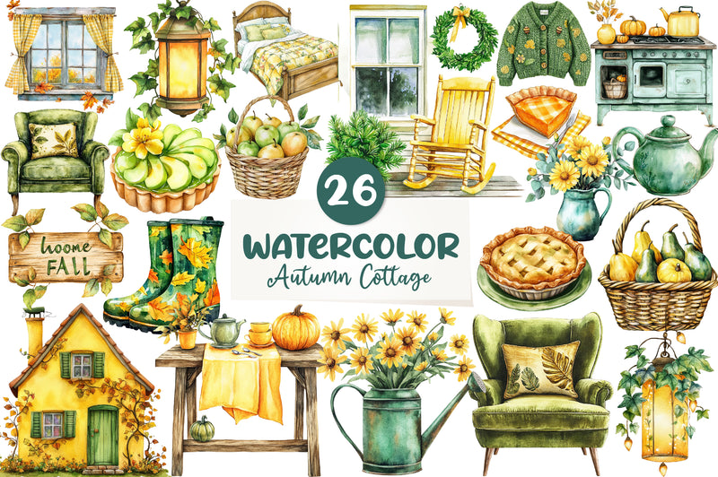 Yellow & Green Autumn Cottage Clipart Bundle - CraftNest - Digital Crafting and Art
