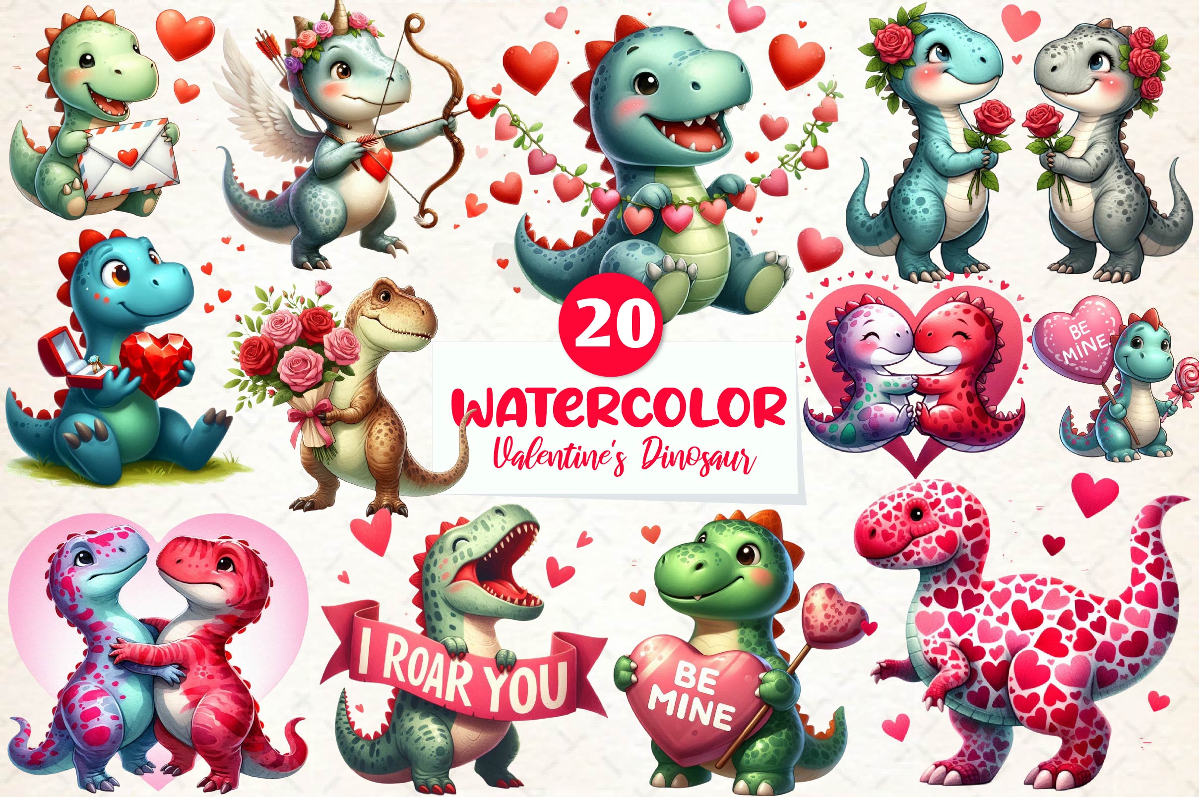 Valentines Day Dinosaur Clipart Bundle - CraftNest - Digital Crafting and Art