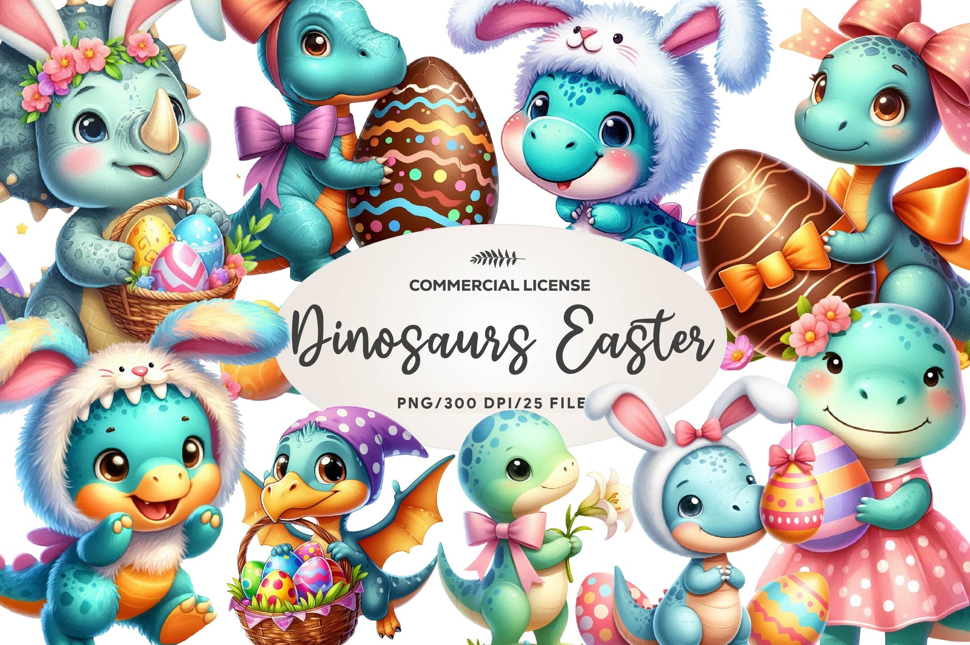 Cute Dinosaurs In Easter Costumes Clipart Bundle - CraftNest - Digital Crafting and Art