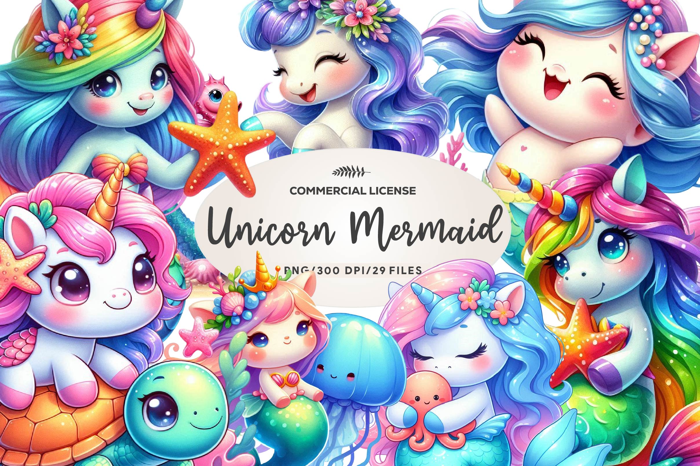 Cute Unicorn With Mermaid Clipart Bundle - CraftNest - Digital Crafting and Art