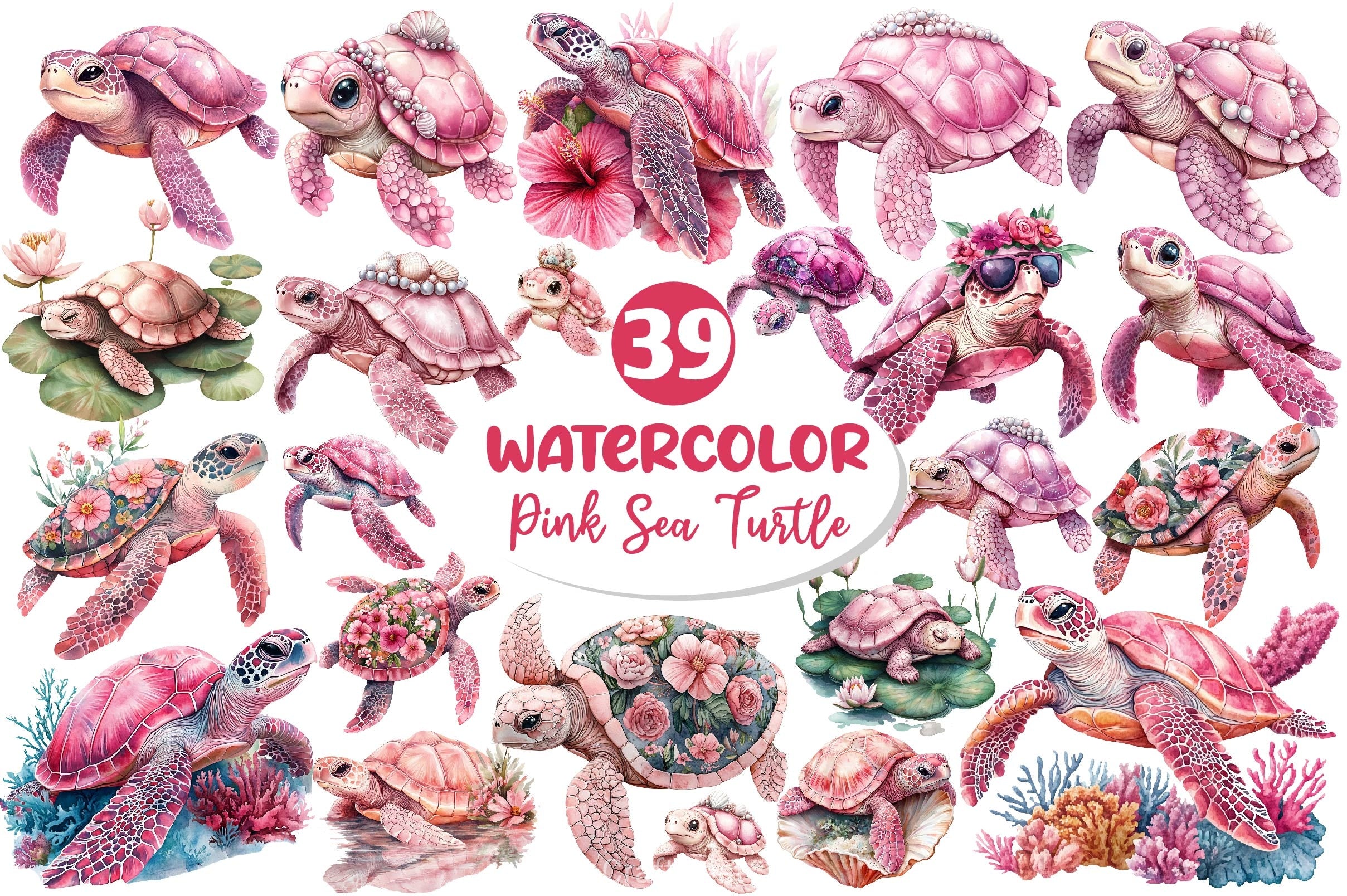 Pink Sea Turtle Clipart Bundle 2 - CraftNest - Digital Crafting and Art